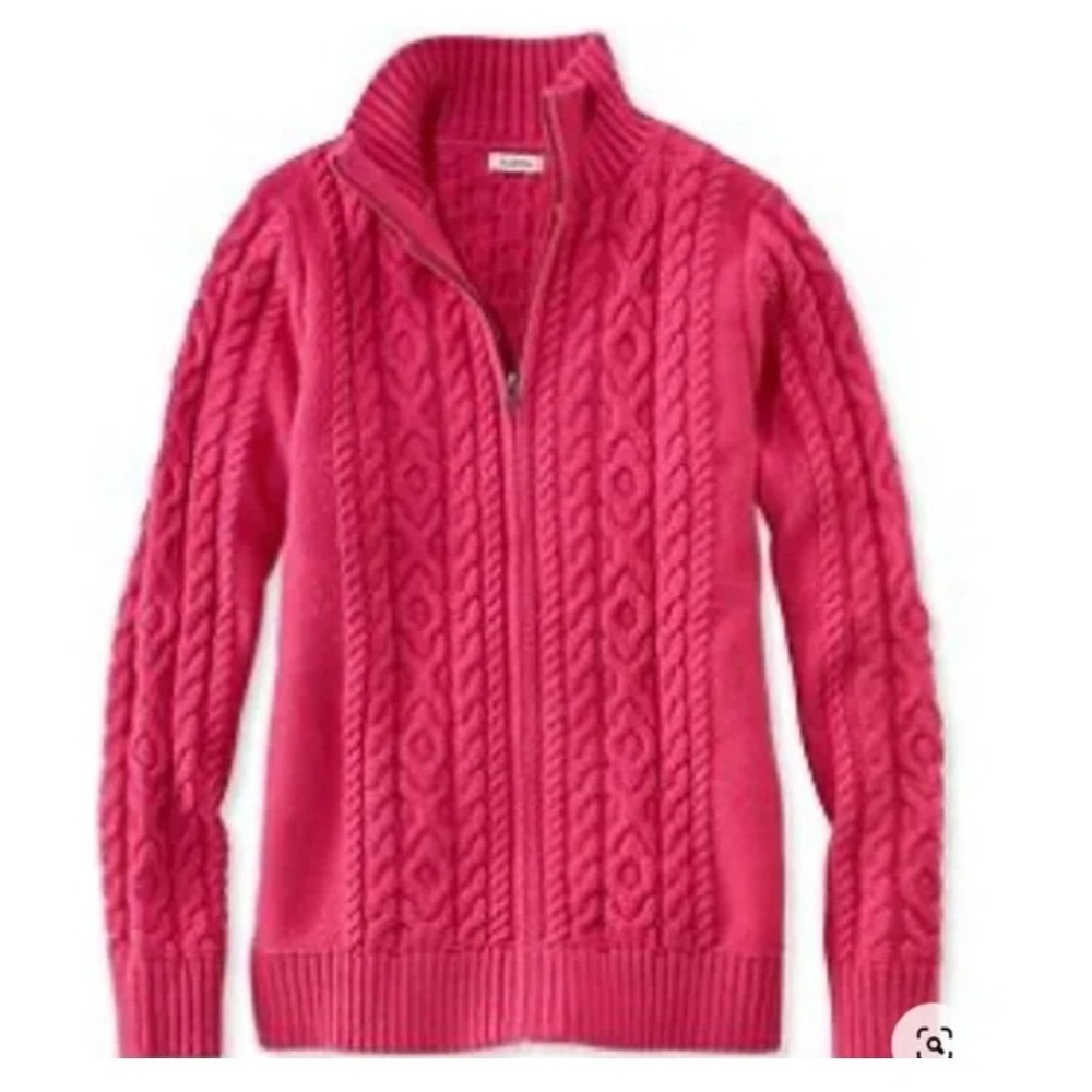 L.L. BEAN 100% Cotton Pink Zipper Front Cableknit Sweater Size X-Large‎